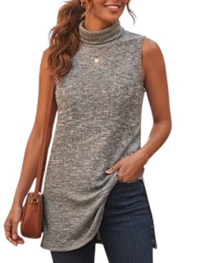 MANGO Grey Mock Neck Side Slit Knit Tunic Sweater Quiet Luxury Minimalist S